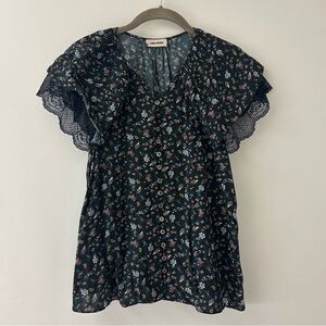 Zadig & Voltaire Tinker Mini Print Cap Sleeved Lace Black Floral Blouse